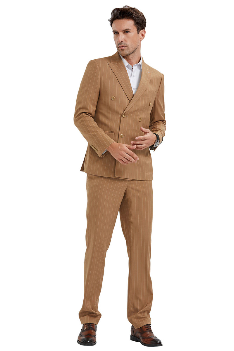 Men’s Slim Fit Double Breasted Bold Gangster Pinstripe Suit in Camel