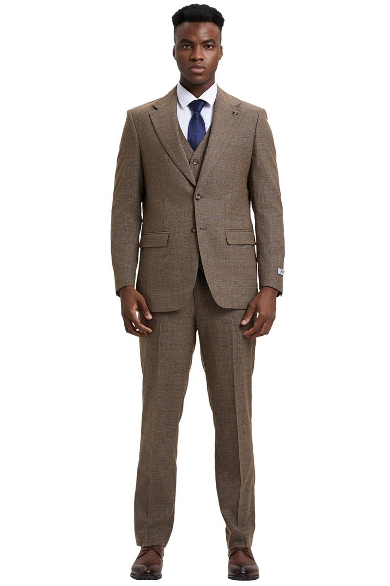 Men’s Stacy Adams Modern Fit Vested Suit in Taupe Micro Check Plaid