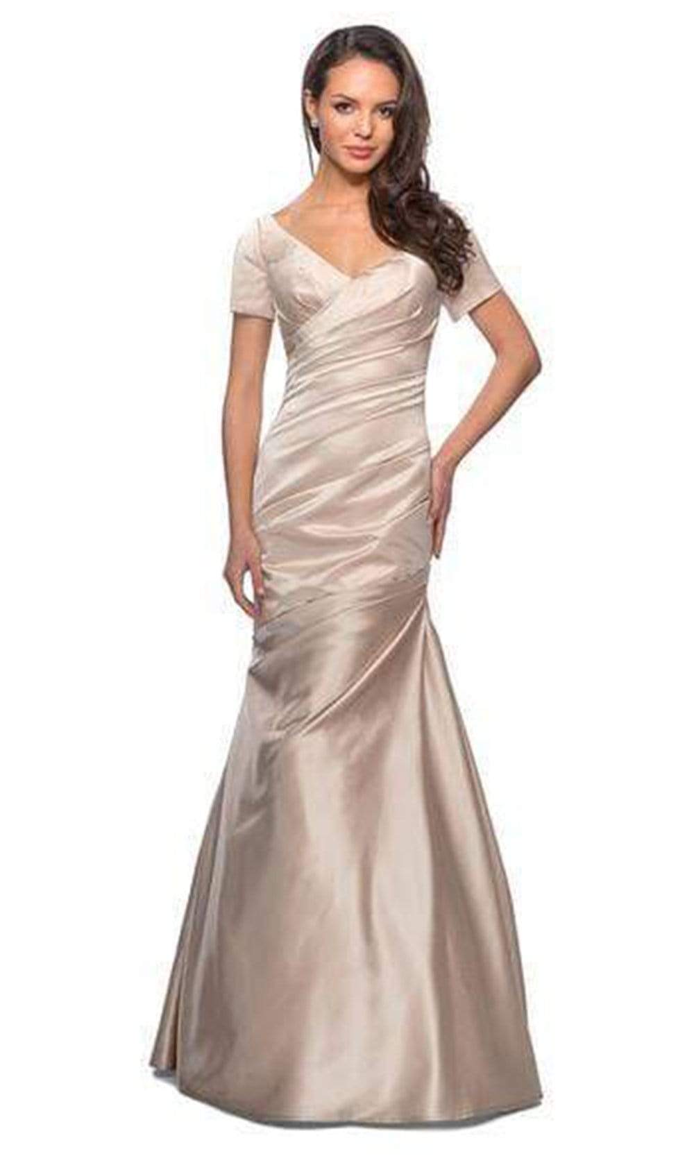 26947 Short Sleeve Pleat-Textured Trumpet Gown