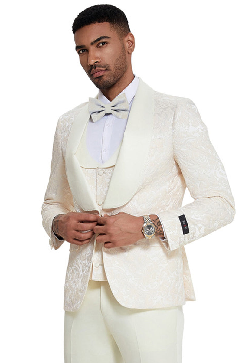 Men’s Designer Wedding & Prom Shawl Lapel Vested Paisley Tuxedo in Ivory