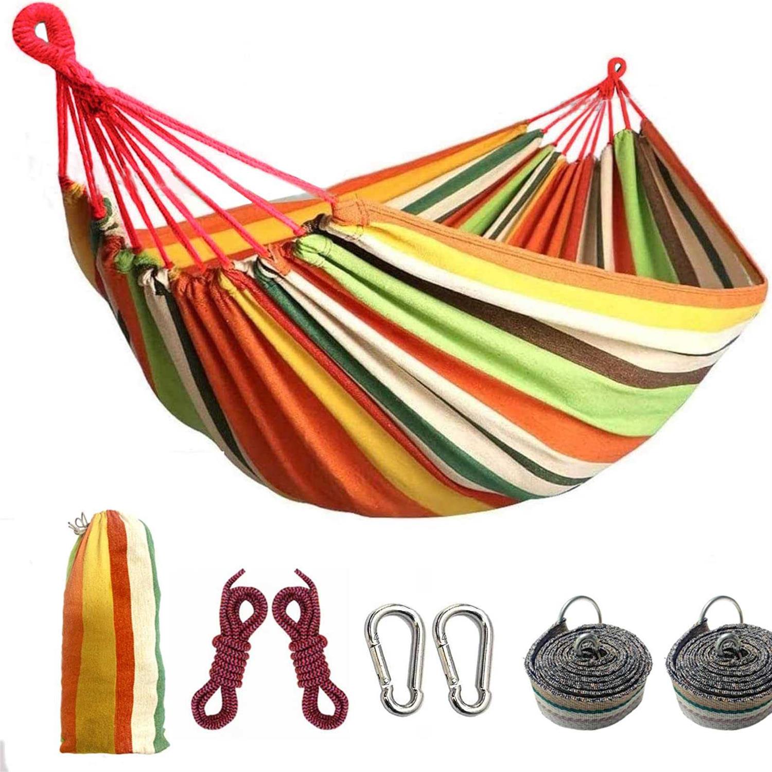 Colel Double Hammock 2 Person Cotton Canvas Hammock 450lbs Portable Camping Hammock with Carrying Bag Two Anti Roll Balance Beam Metal Carabiner