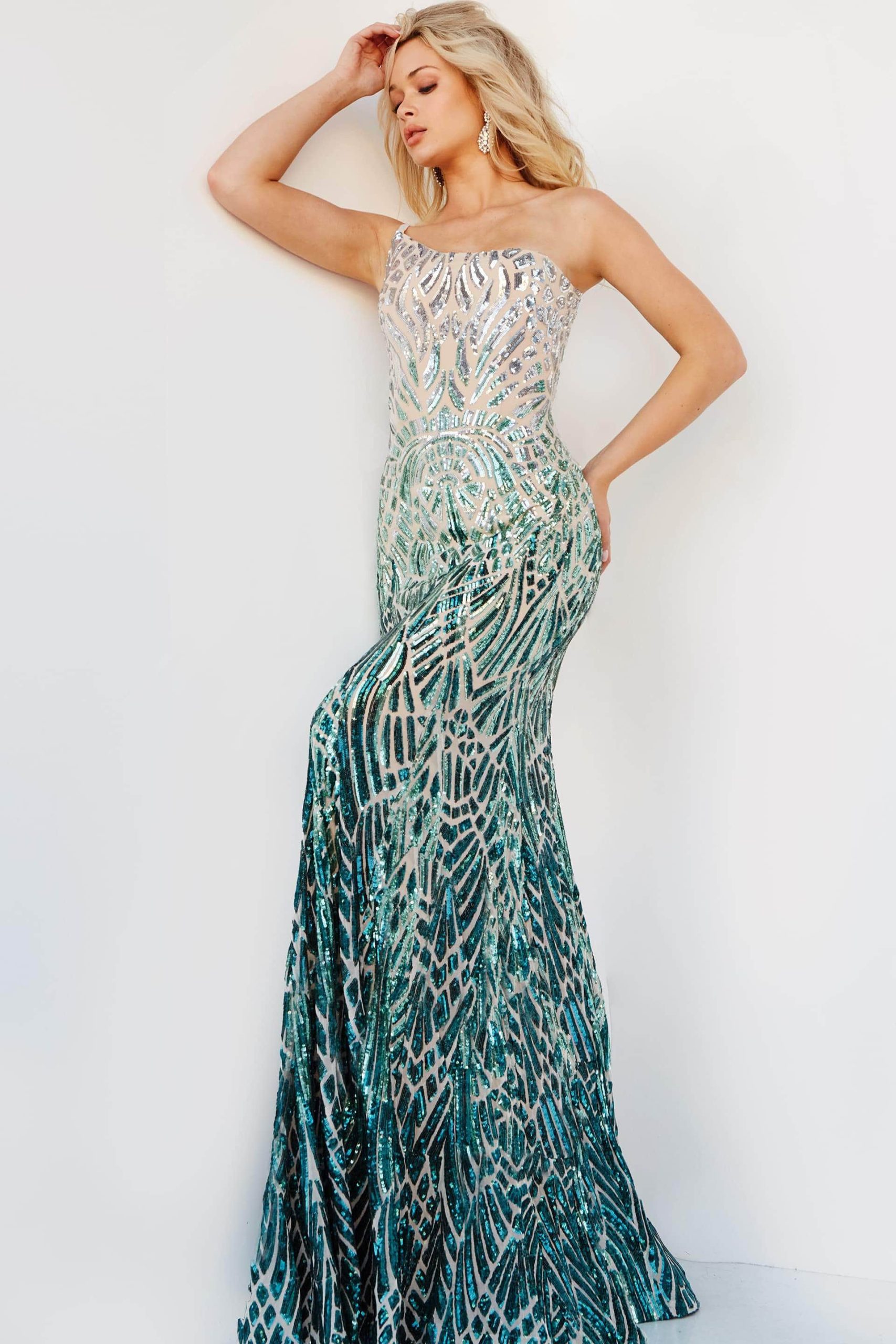 06469 Sequined Modest Prom Trumpet Dress