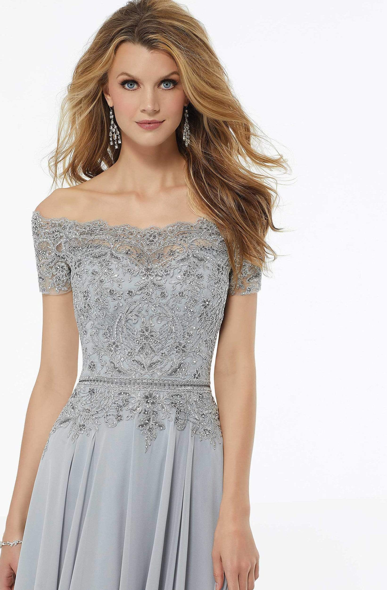 72133 Off Shoulder Lace Appliqued Chiffon Dress