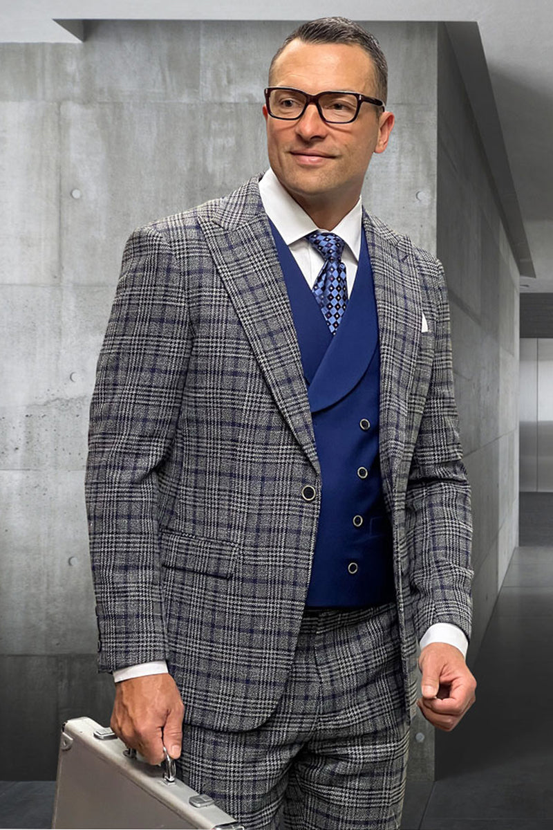Men’s Designer Wool Vested Suit in Grey Glenplaid