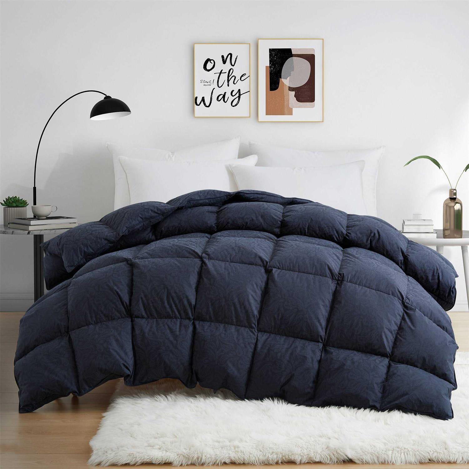 All Seasons Pinch Pleat Goose Feather and Down Comforter-Breathable Cotton Fabric Baffled Box Duvet Insert