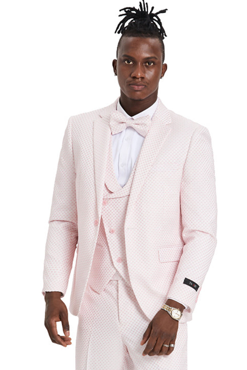 Men’s One Button Double Brested Vest Notch Lapel Prom & Wedding Suit in Pink Polka Dot