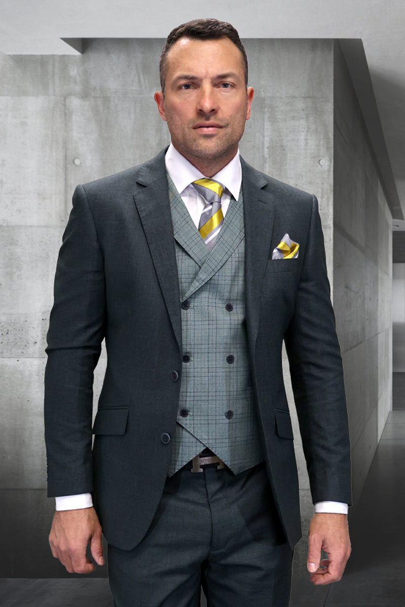 Men’s Modern Fit Designer Wool Suit in Hunter Green with a Double Breasted Plaid Vest