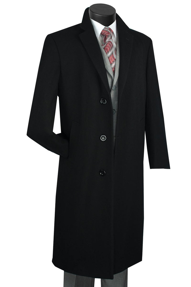 Men’s Full Length Wool & Cashmere Overcoat in Black