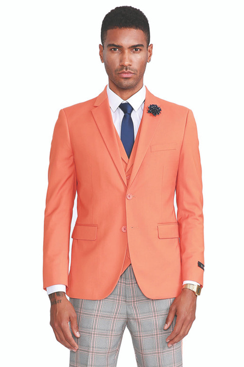 Men’s Two Button Vested Summer Suit in Orange with Grey & Orange Plaid Pants