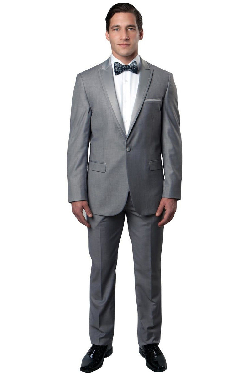 Men’s Slim Fit One Button Satin Trim Peak Lapel Prom & Wedding Tuxedo in Grey