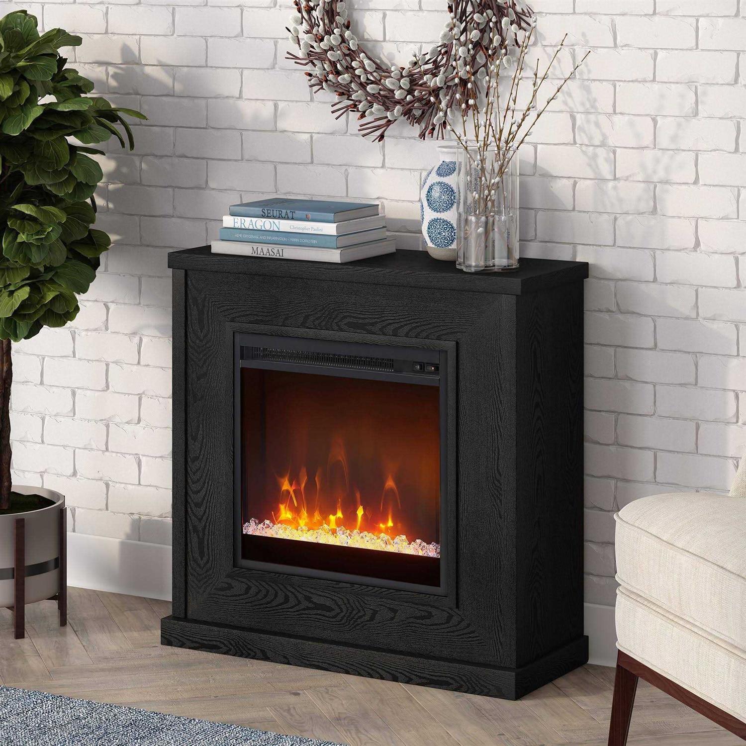 Henn&Hart Santos 30 Wide Mantel Fireplace with Crystal Fireplace Insert