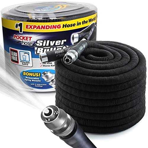 Bulbhead Pocket Hose Silver Bullet 75 ft Turbo Shot Nozzle Multiple Spray Patterns Expandable Garden Hose 3/4 in Solid Aluminum Fittings Lead-Free