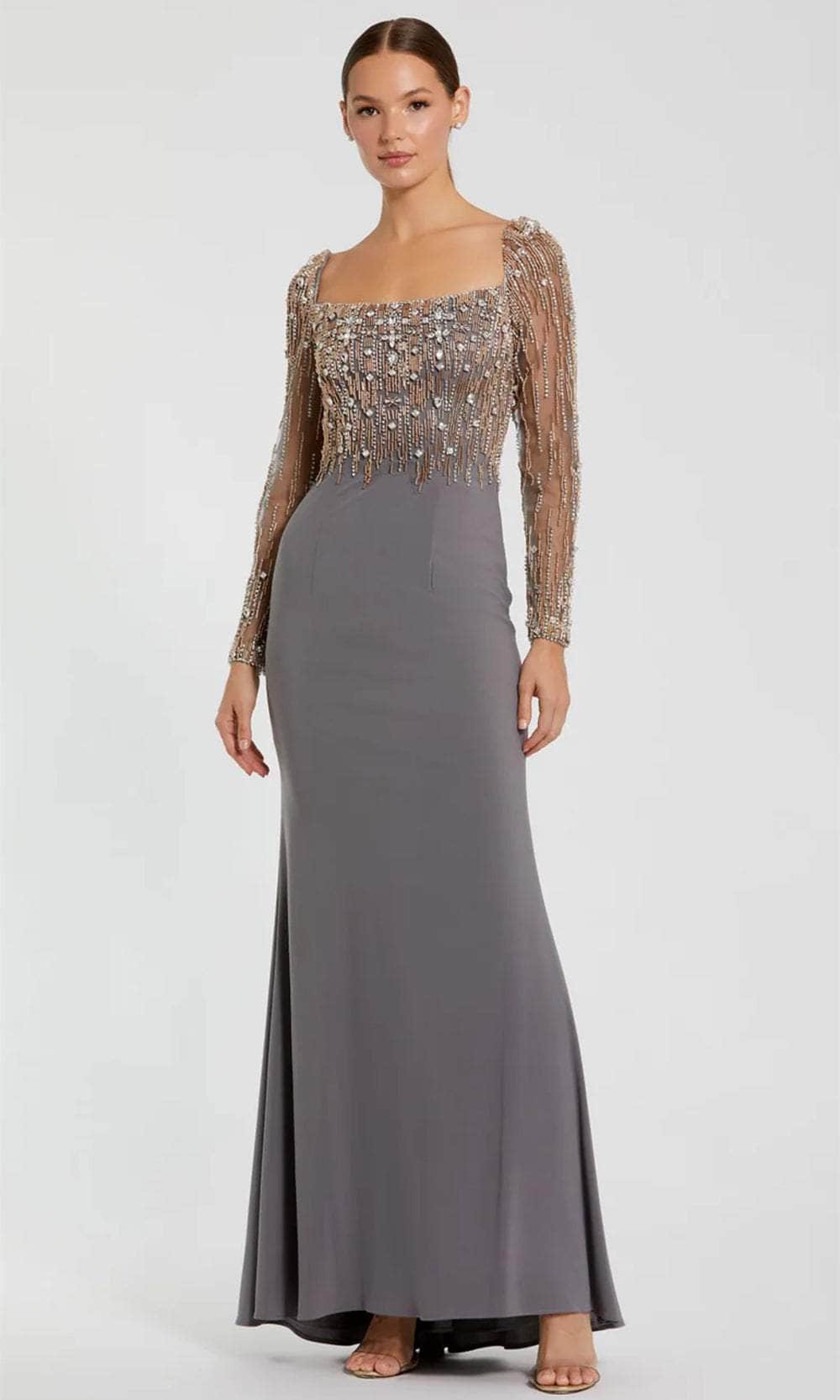 Sheer Sleeve Beaded Top Evening Dress