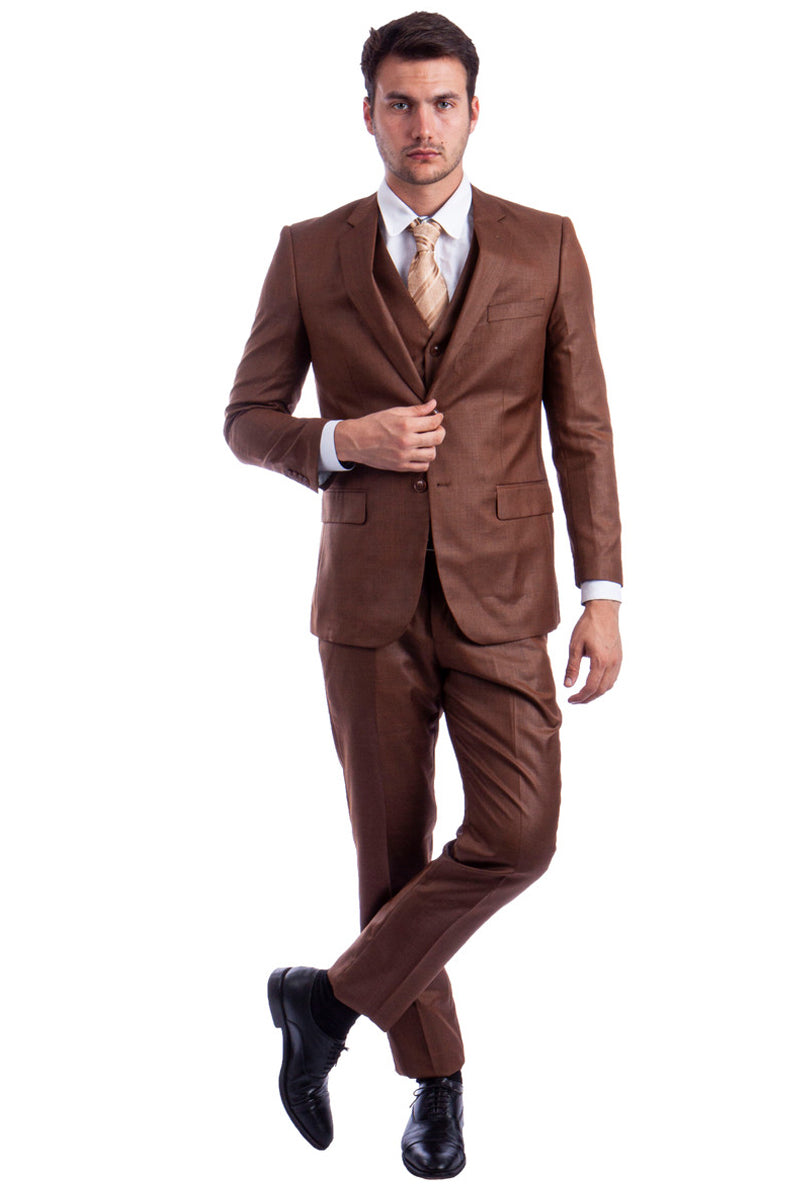 Men’s Two Button Hybrid Fit Vested Sharkskin Wedding & Business Suit in Cognac