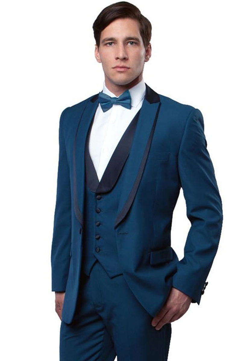 Men’s One Button Satin Trimmed Peak Lapel Vested Fancy Tuxedo in Teal Blue