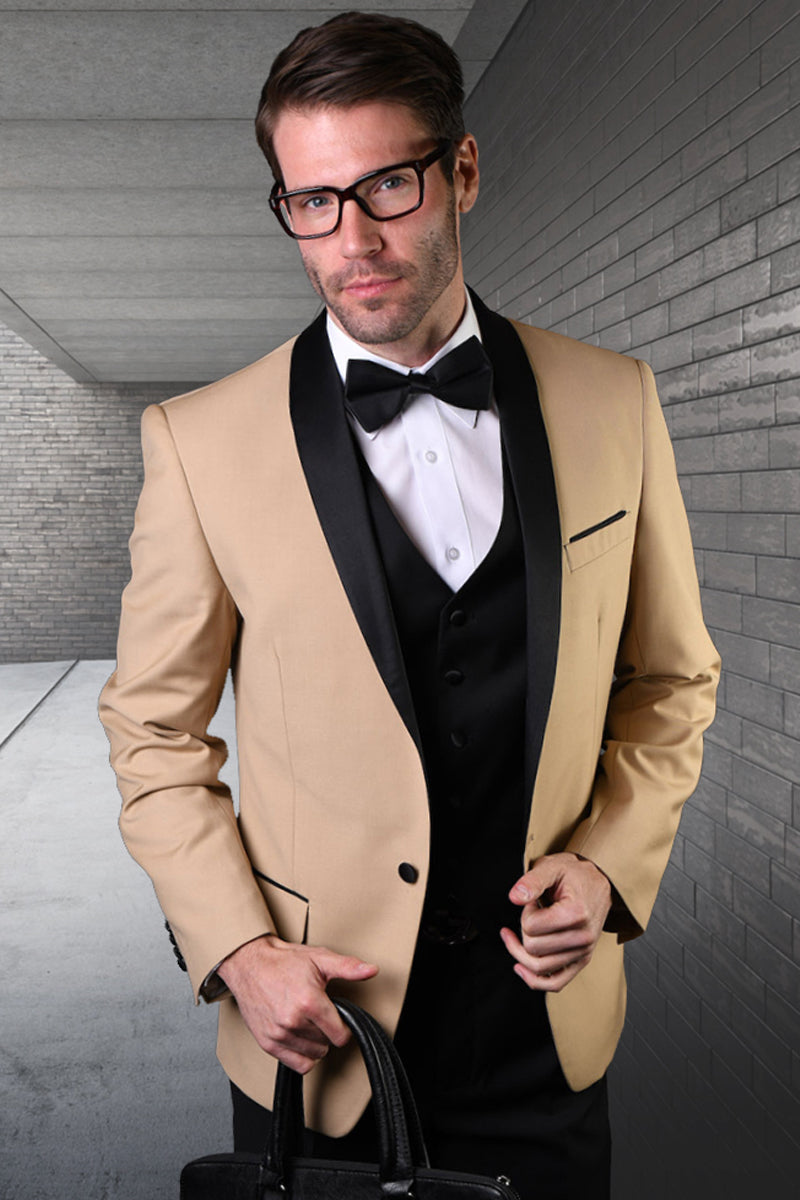 Men’s Vested Classic Dinner Jacket Wedding Tuxedo in Champagne Tan