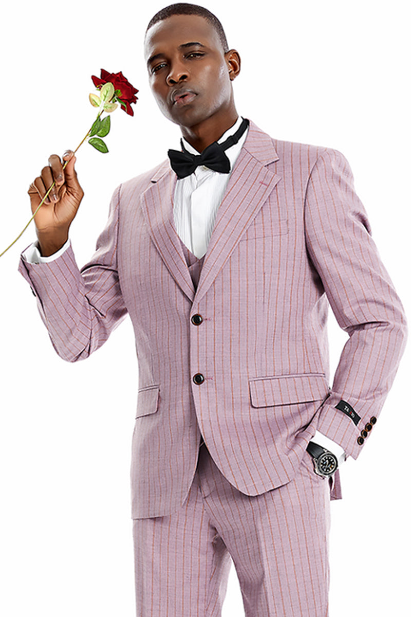 Men’s Two Button Vested Wide Notch Lapel Vintage Style Pinstripe Suit in Dusty Rose Pink