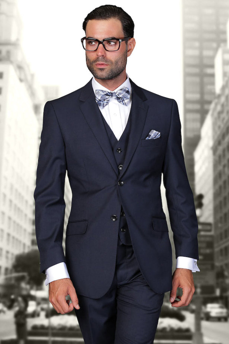 Men’s Designer Vested Modern Fit Wool Wedding & Business Suit in Navy Blue