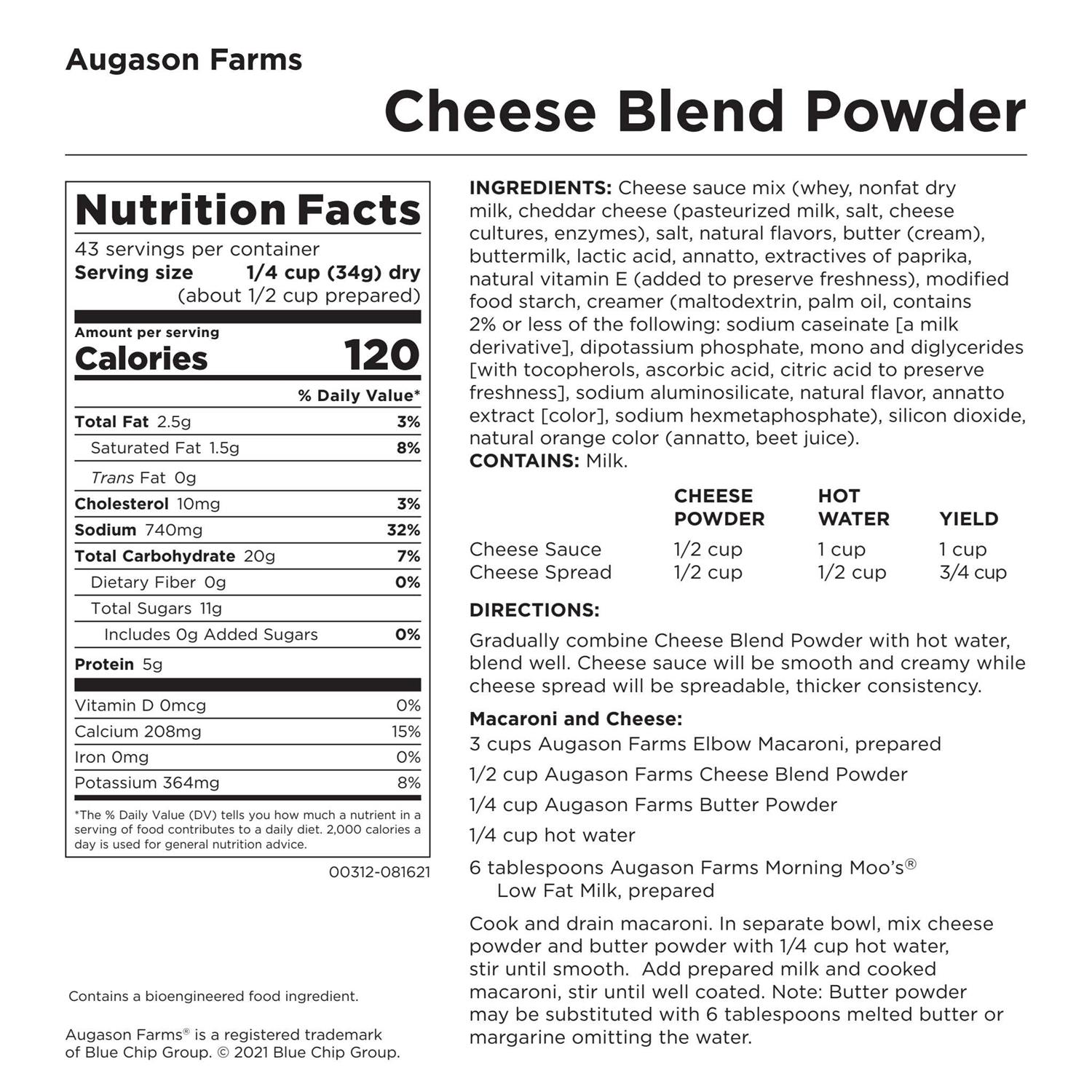 Augason Farms Cheese Blend Powder Certified Gluten Free Long Term Food Storage Everyday Meal Prep Large Can