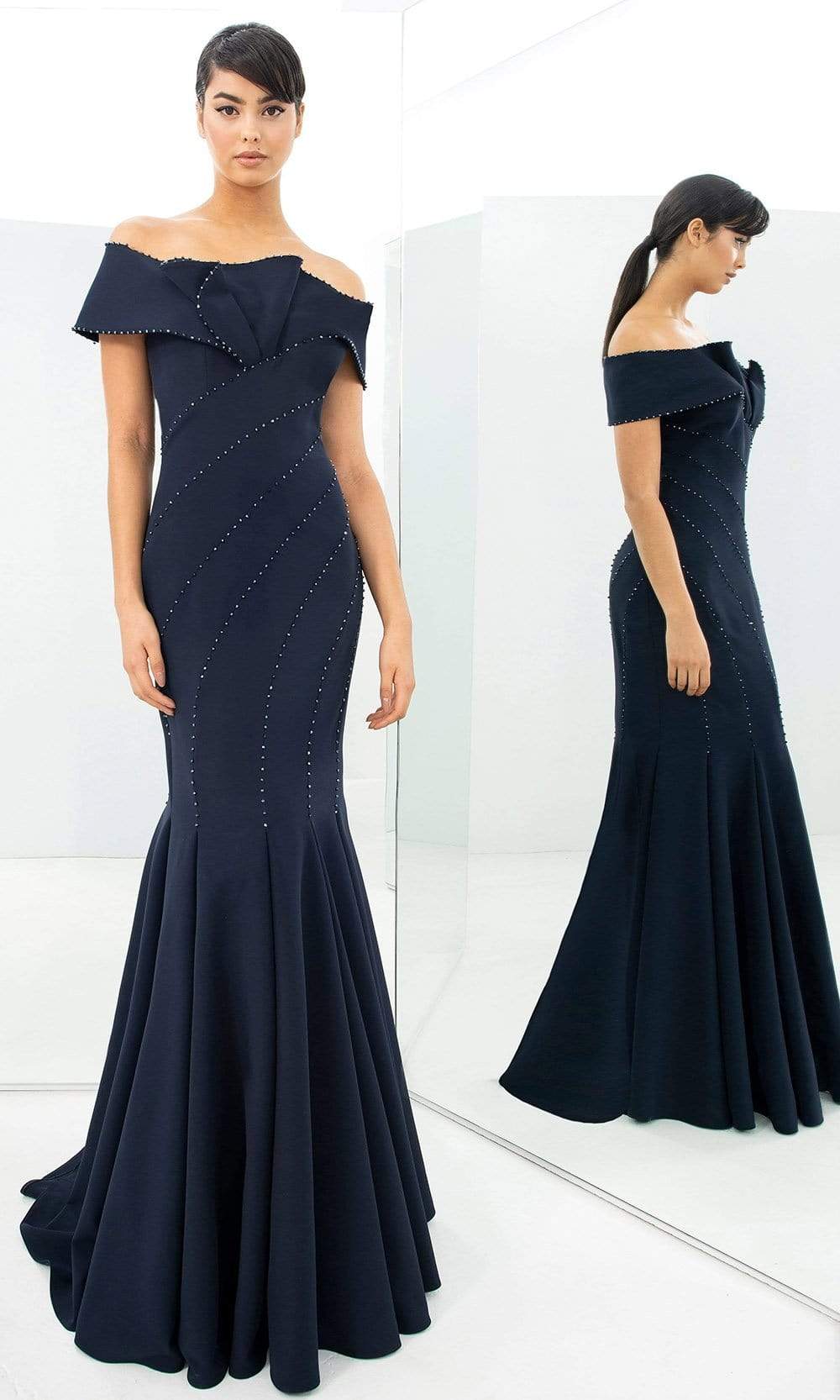1359 Off Shoulder Jersey Trumpet Gown