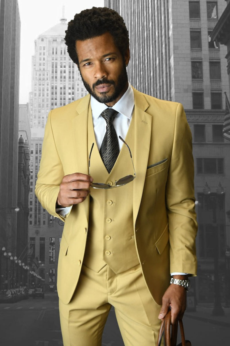 Men’s Designer Slim Fit Vested Wool Wedding Suit in Chestnut Camel