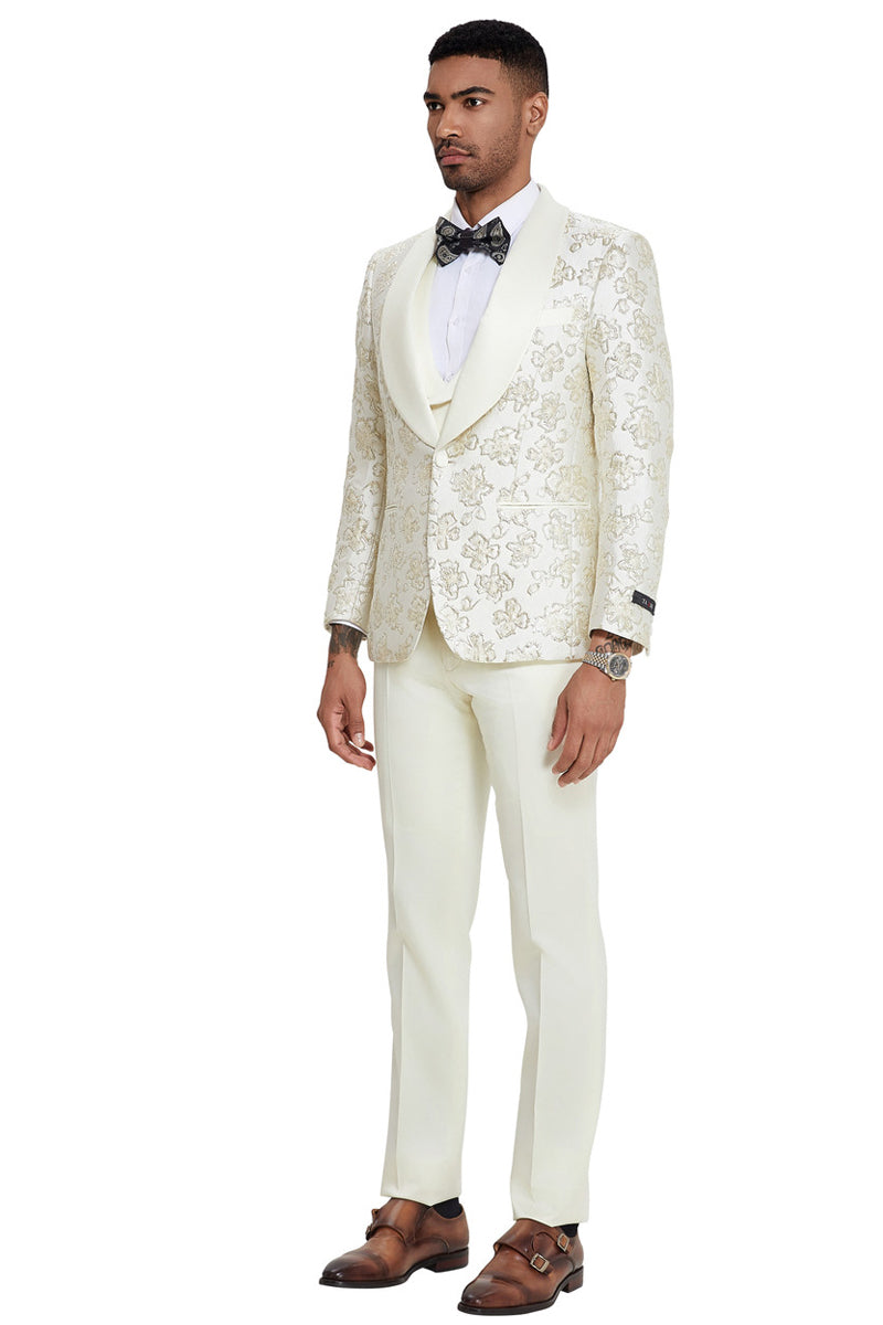 Men’s Slim Fit Vested Wedding & Prom Shawl Lapel Paisley Tuxedo in Ivory & Gold