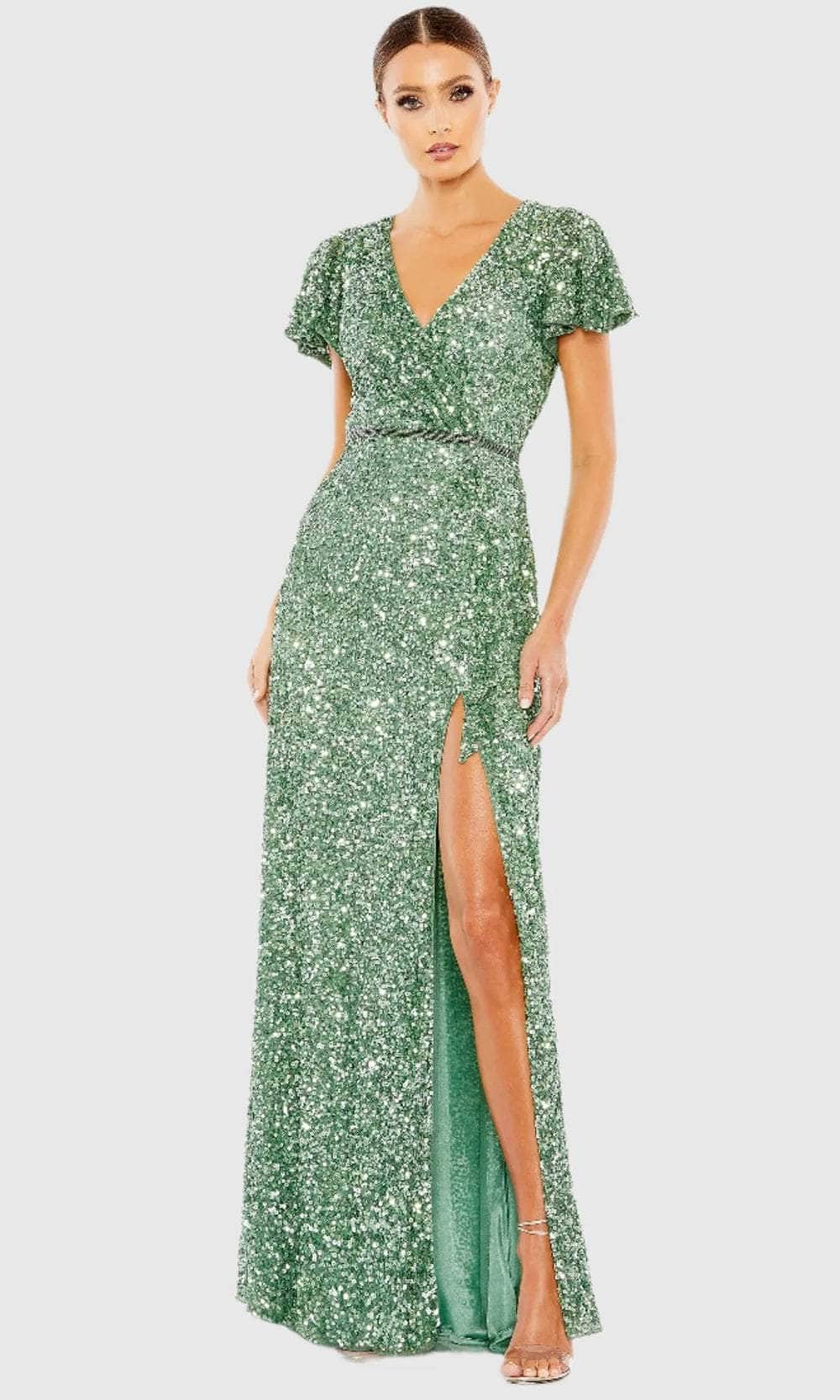 Short Butterfly Sleeve Sequin Embellished Prom Gown