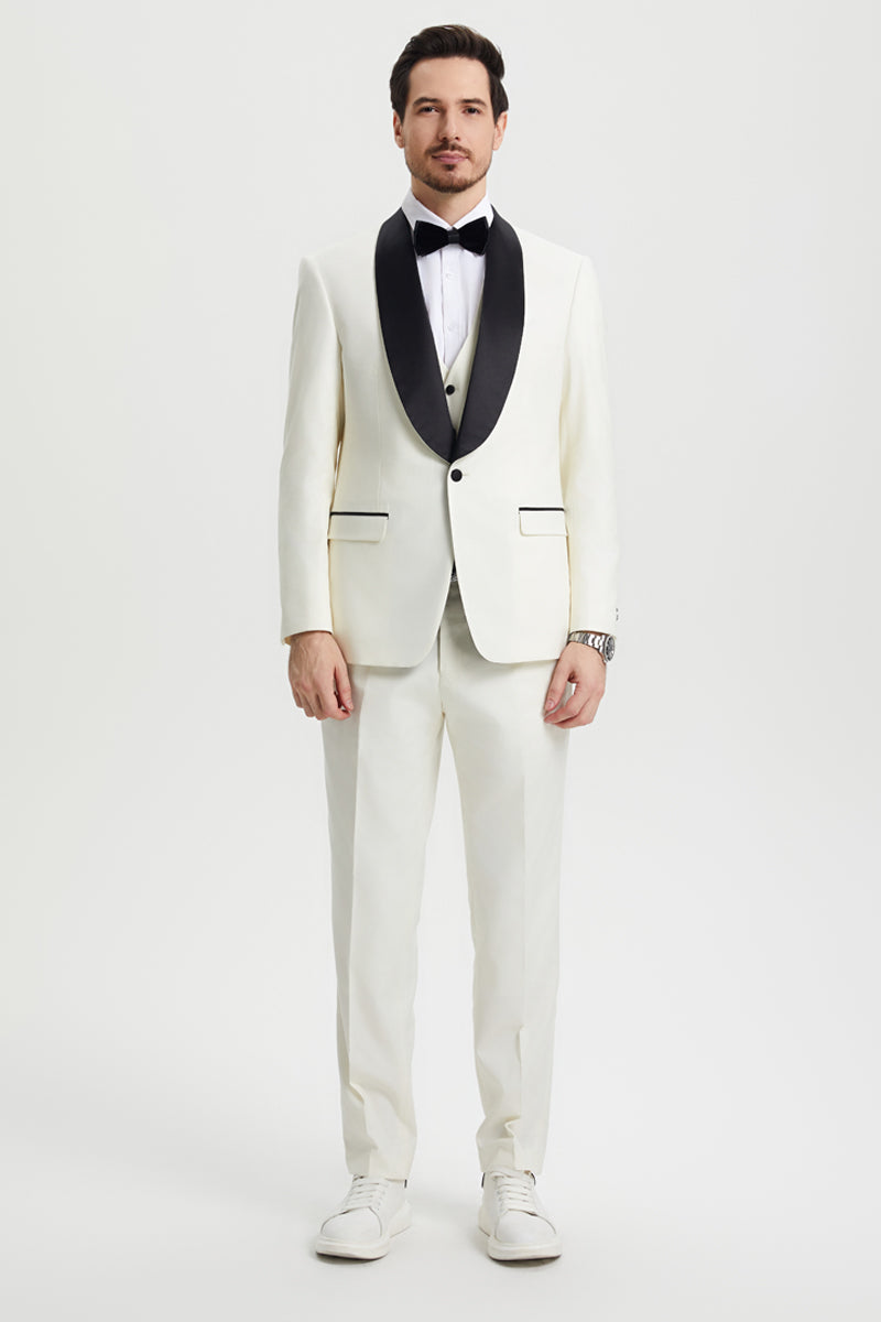Men’s Stacy Adams Vested One Button Shawl Lapel Designer Tuxedo in Ivory