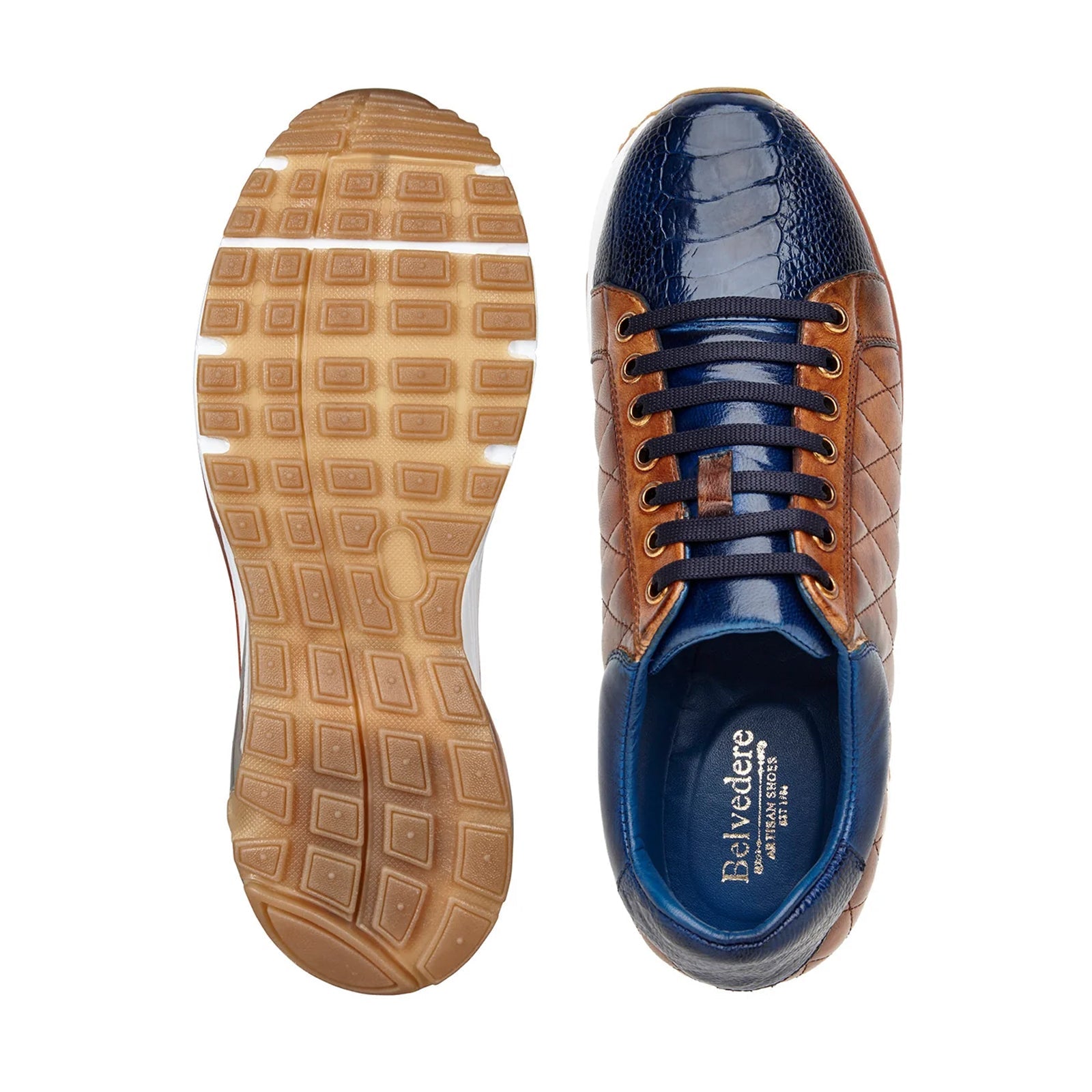 Men’s Belvedere Sacco Ostrich Leg & Quilted Calf Leather Dress Sneaker in Navy & Saddle Tan
