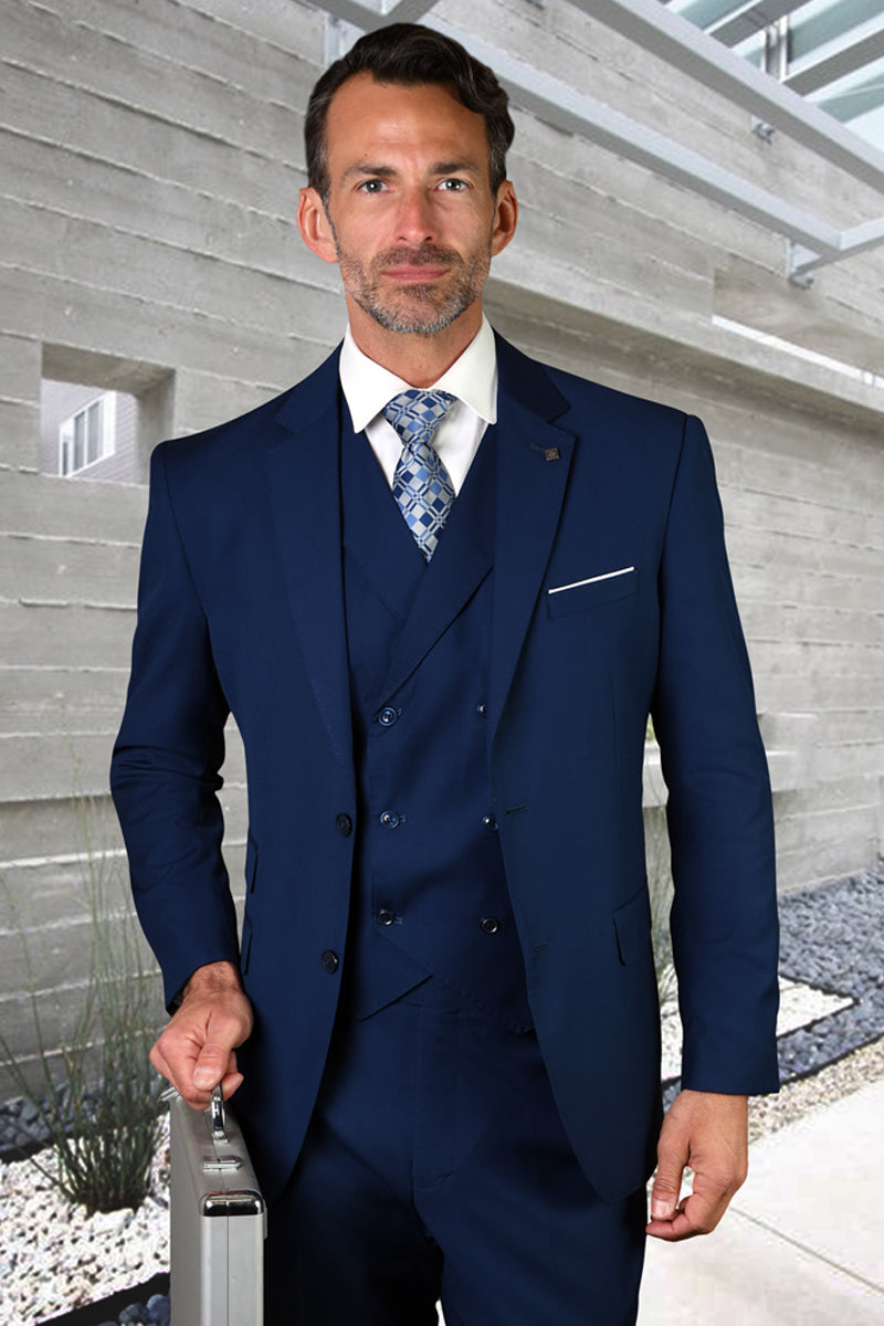 Men’s Modern Fit Designer Wool Suit in Sapphire Blue with a Double Breasted Vest