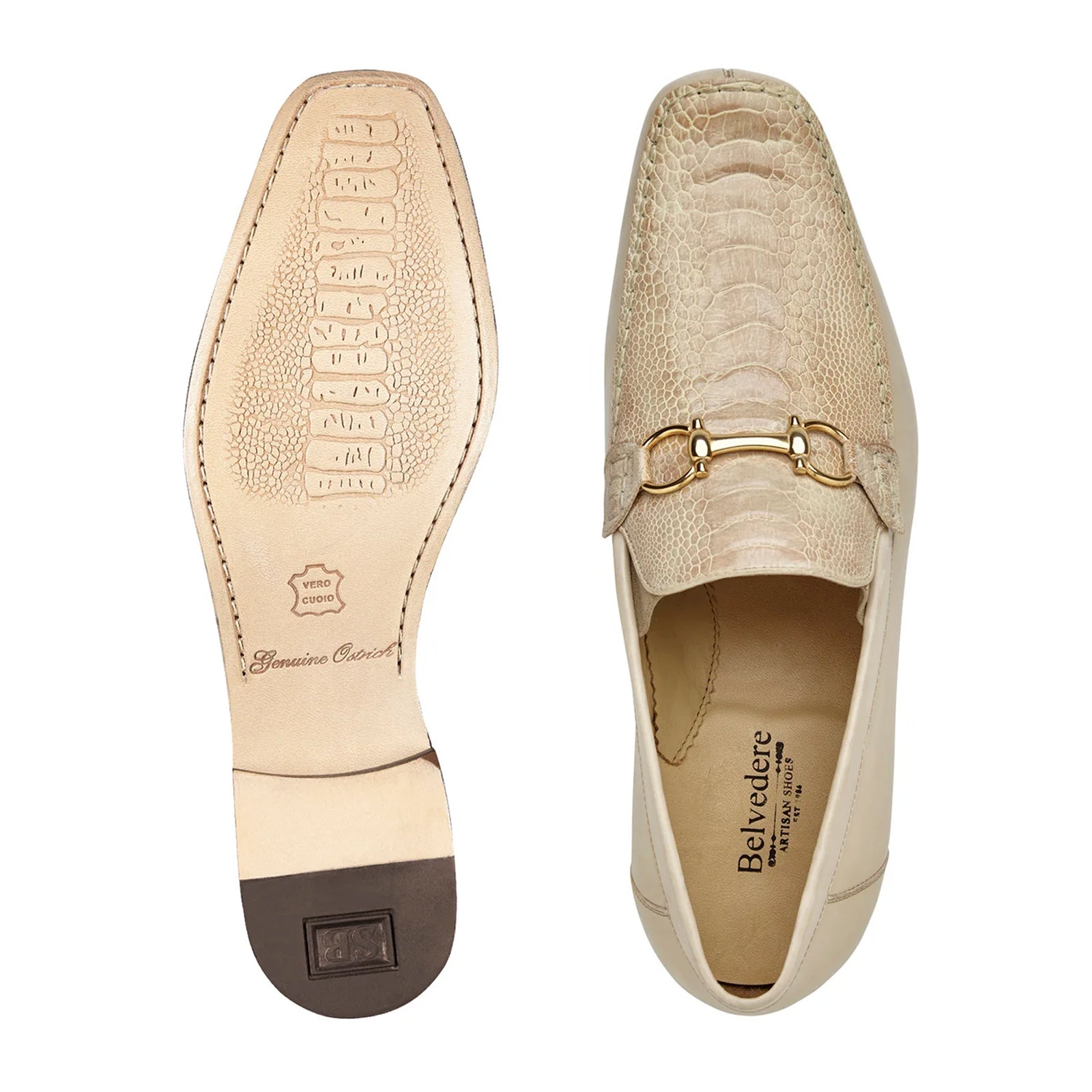 Men’s Belvedere Bruno Ostrich Leg & Italian Calfskin Buckle Dress Loafer in Ivory Off White