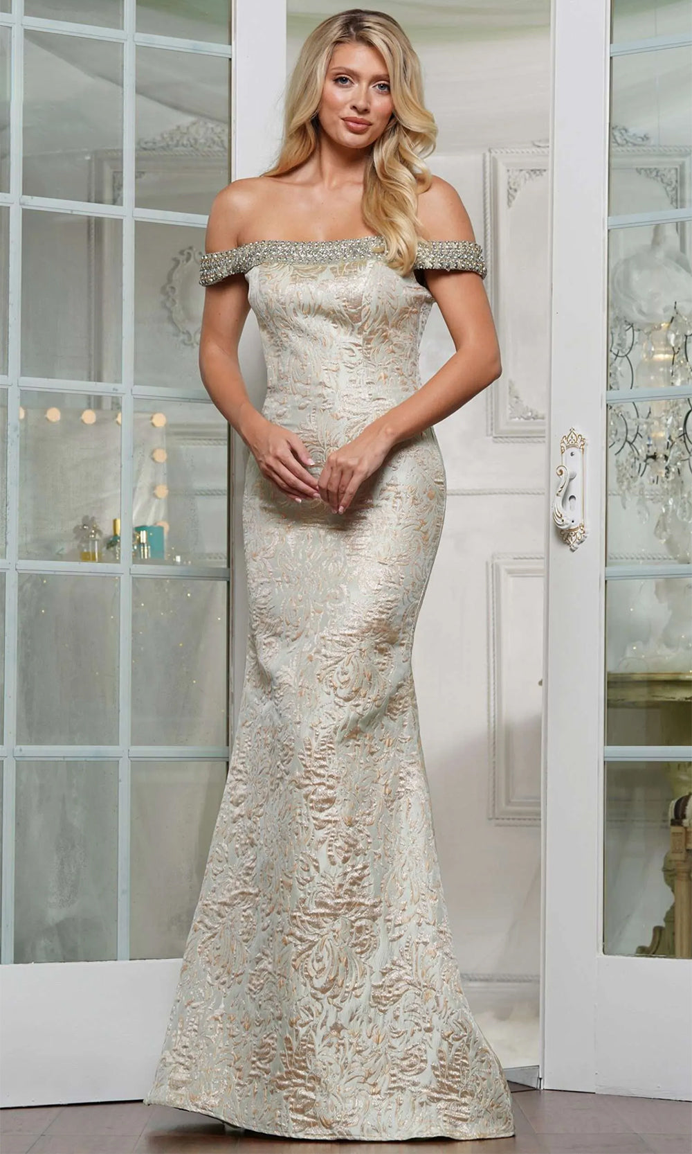 Jeweled Jacquard Evening Dress