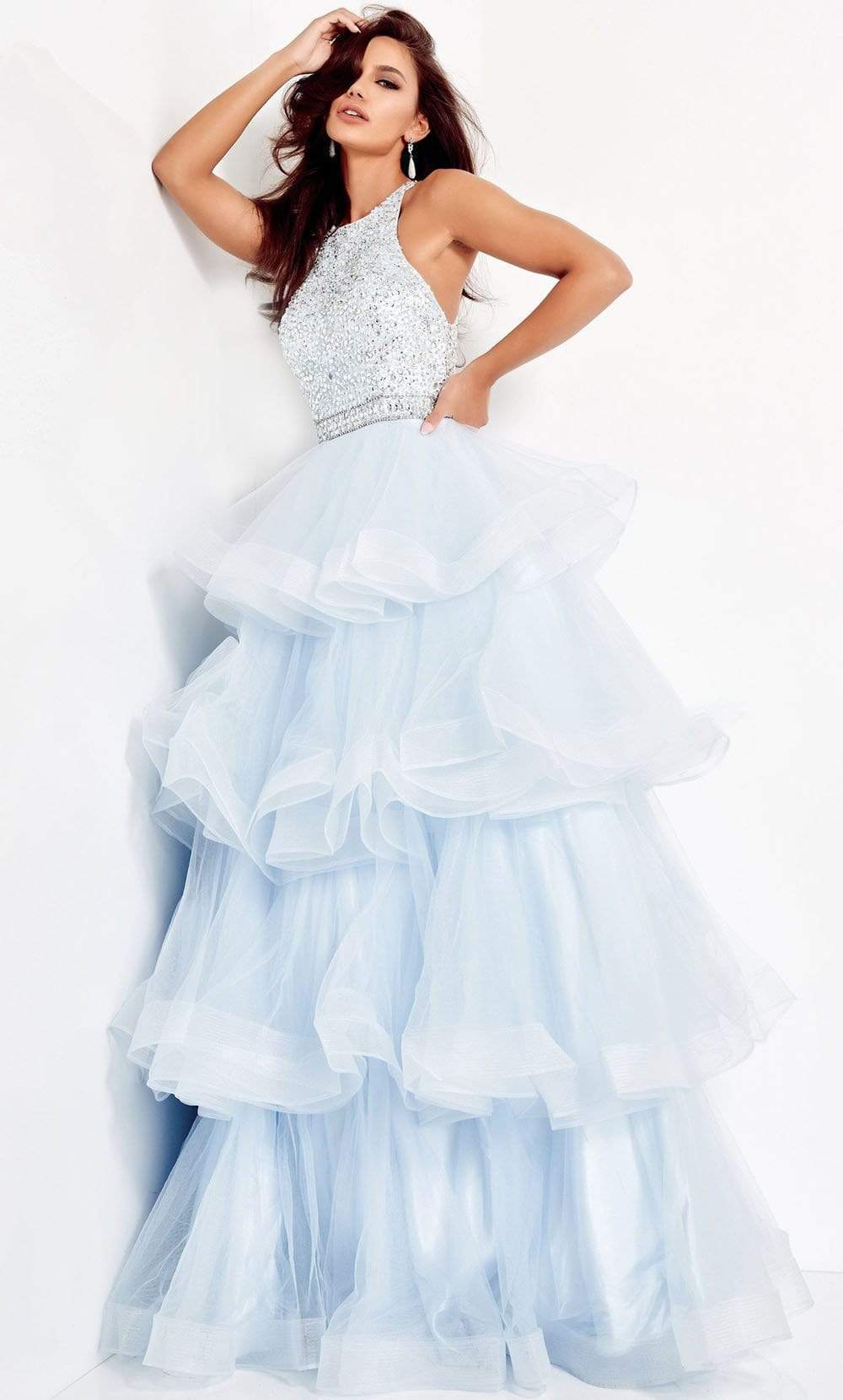 00461 Embellished Halter Tiered A-line Dress