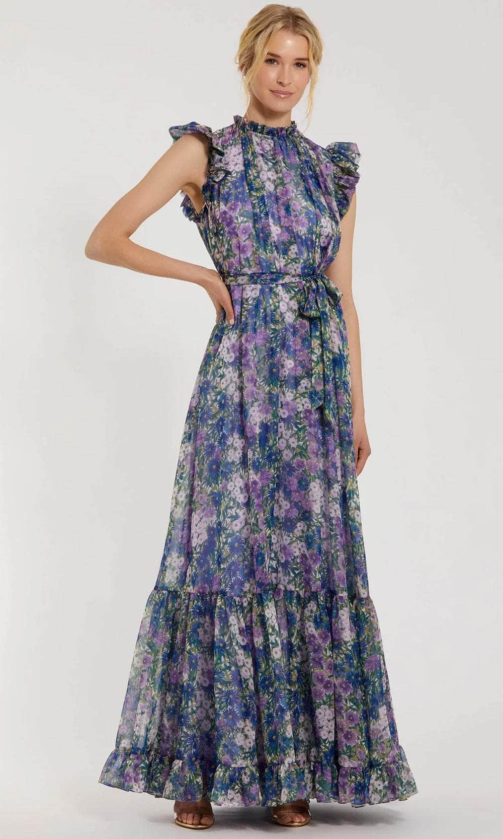 Printed Floral Design Mock Neck Prom Gown