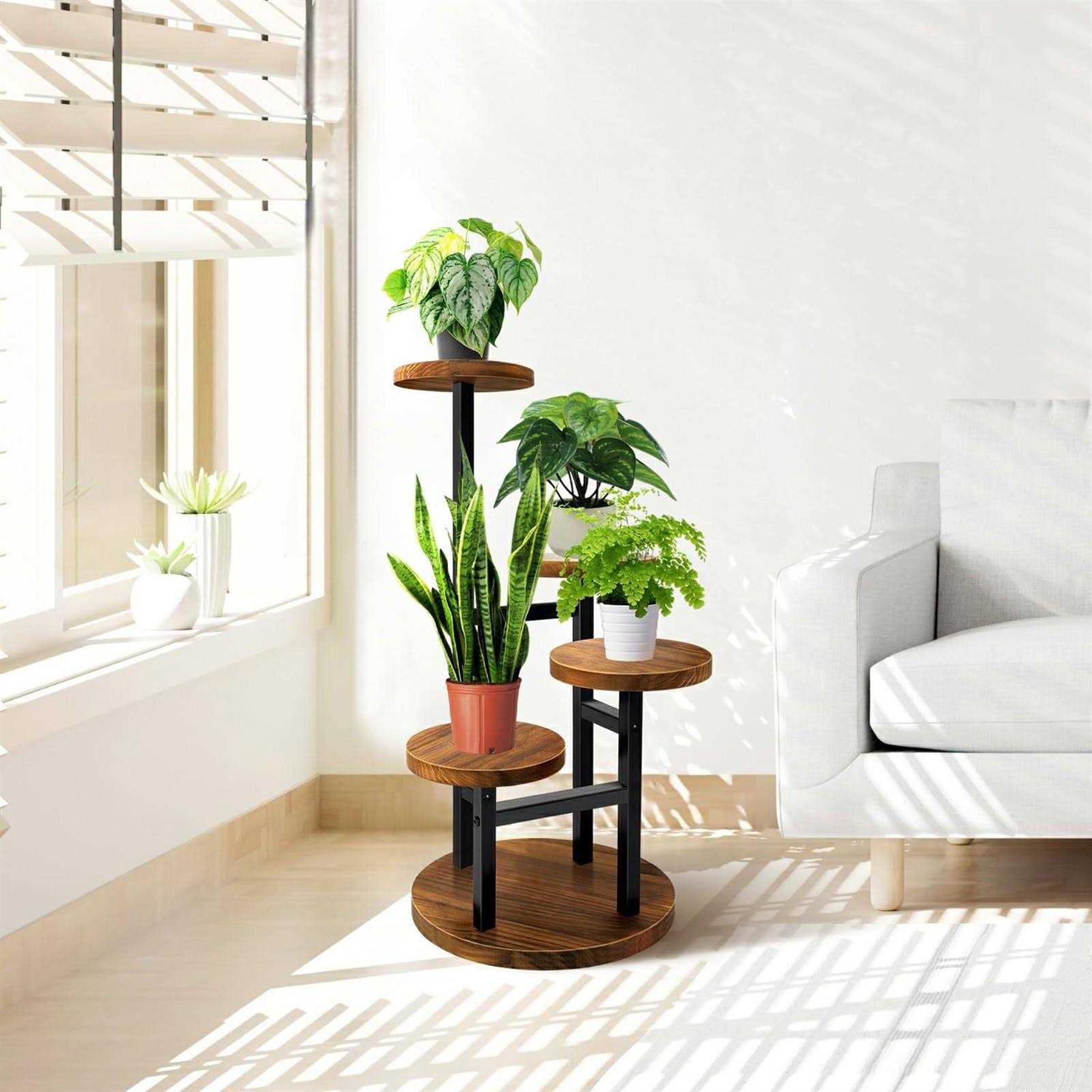 AUGOSTA 3 Tier Plant Stand Tall Metal Wood Shelf Holder for Indoor