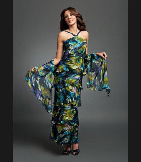 3451 Ornate Strap Halter Layered Sheath Evening Dress