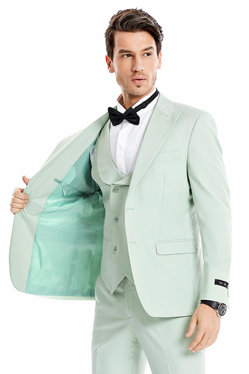Men’s Two Button Vested Peak Lapel Pastel Wedding & Prom Suit in Mint Green