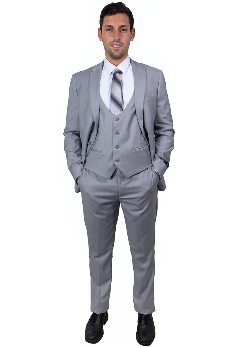 Men’s One Button Peak Lapel Skinny Wedding & Prom Suit with Lowcut Vest in Light Grey