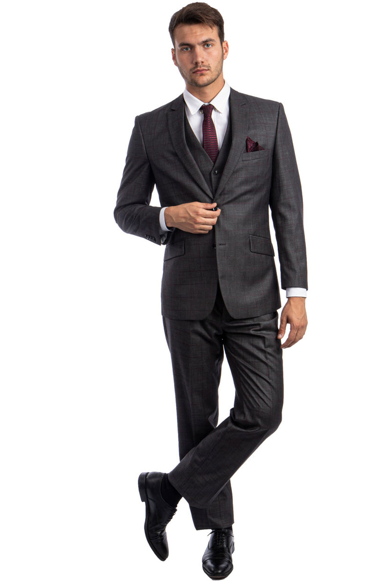 Men’s 100% Wool Modern Fit Vested Suit in Charcoal Grey & Burgundy Windowpane Plaid