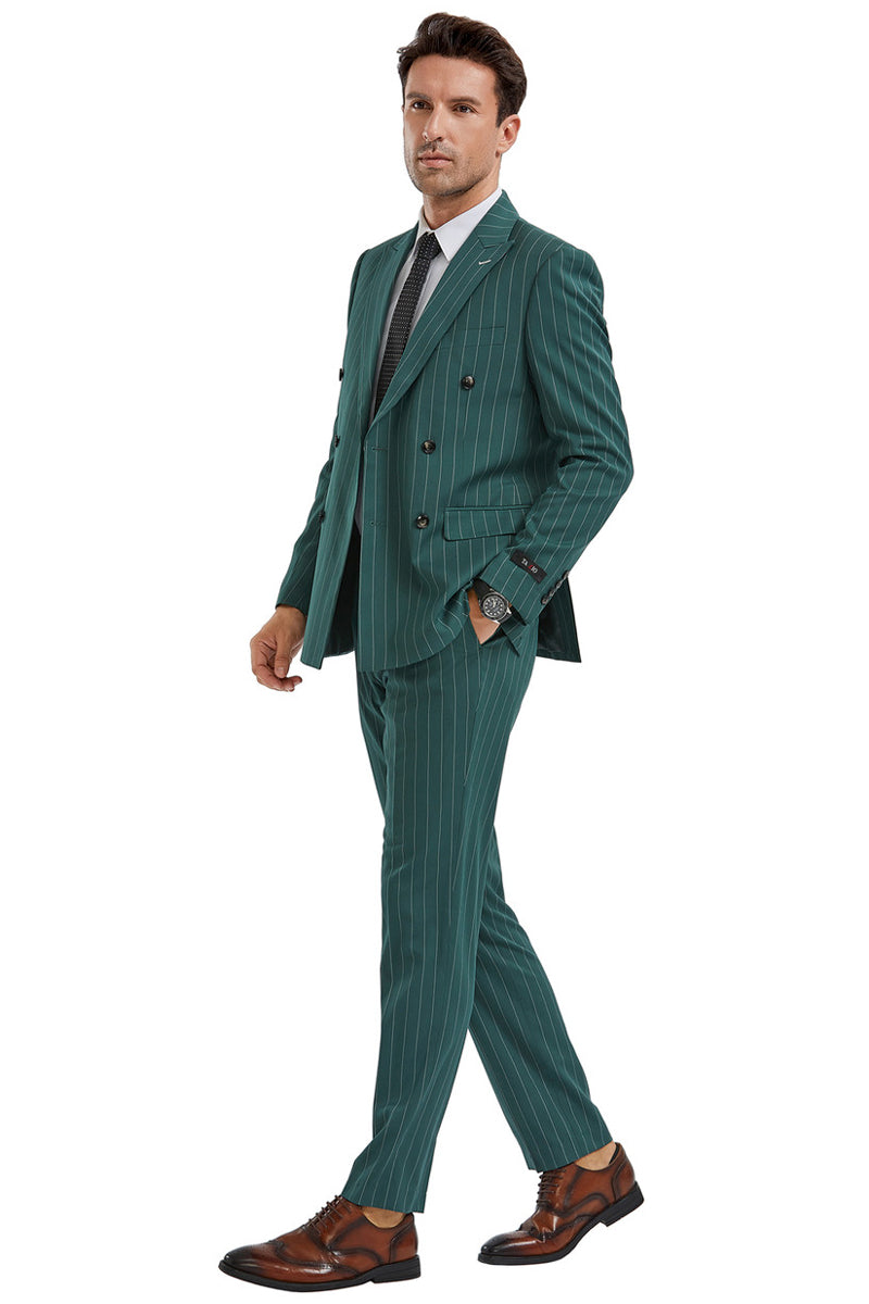 Men’s Slim Fit Double Breasted Bold Gangster Pinstripe Suit in Hunter Green