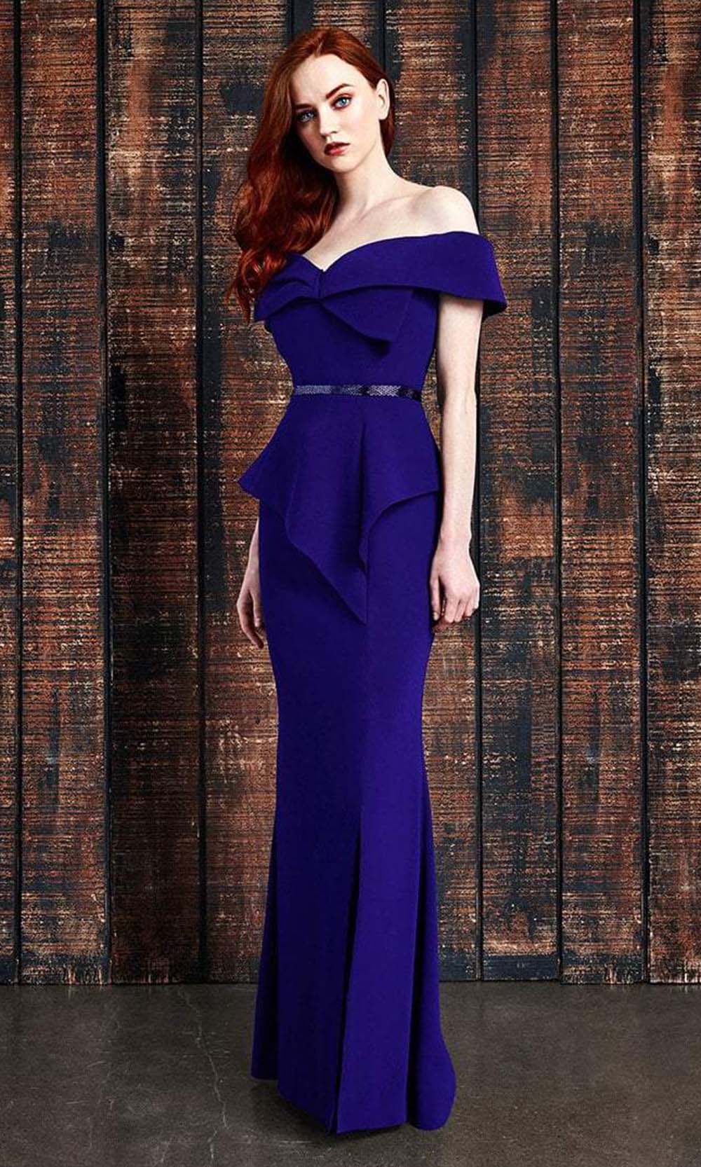 850 Bow Accent Off Shoulder Evening Dress
