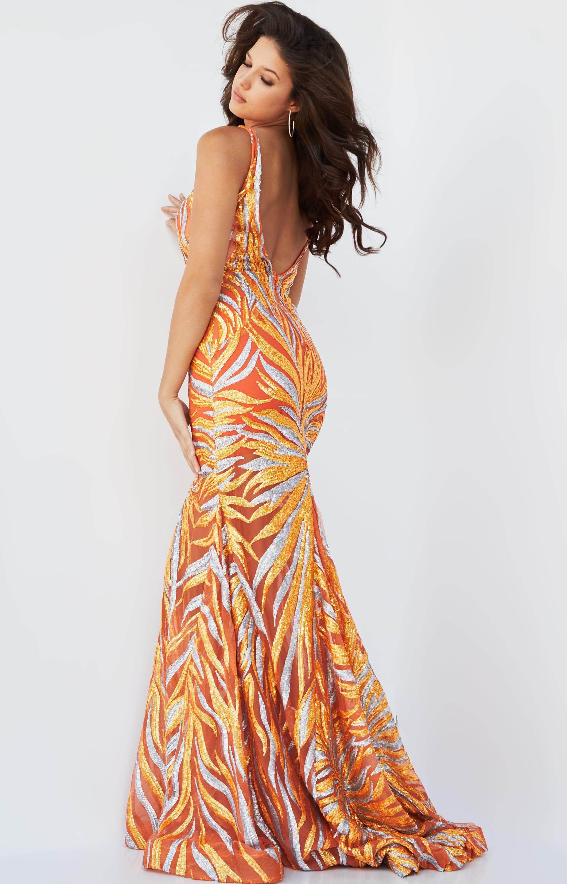 06153 Sequin Plunging V Neck Trumpet Dress