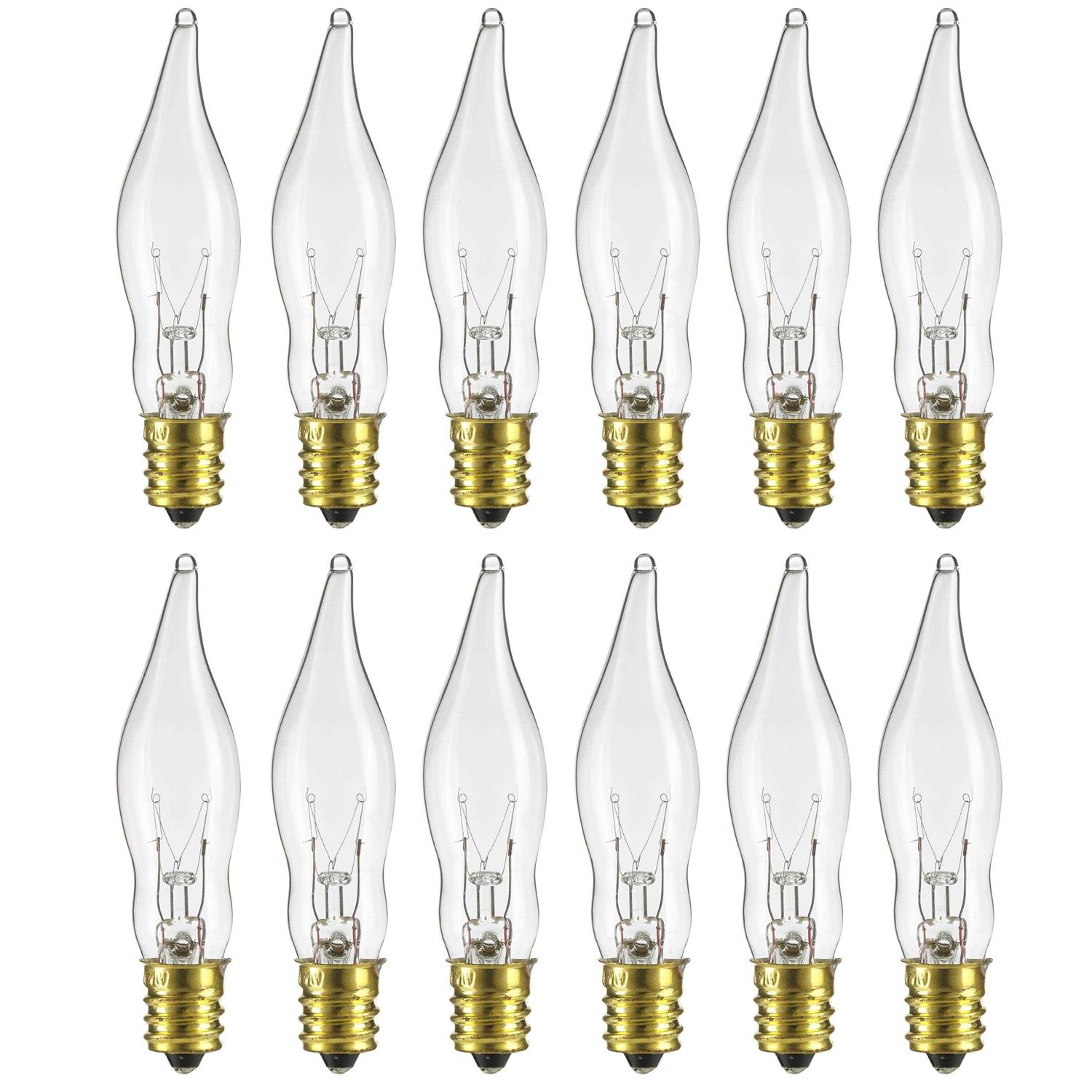 Sunlite 7CFC/25/12PK Flame Tip 7W Incandescent Petite Chandelier Light Bulb, Candelabra (