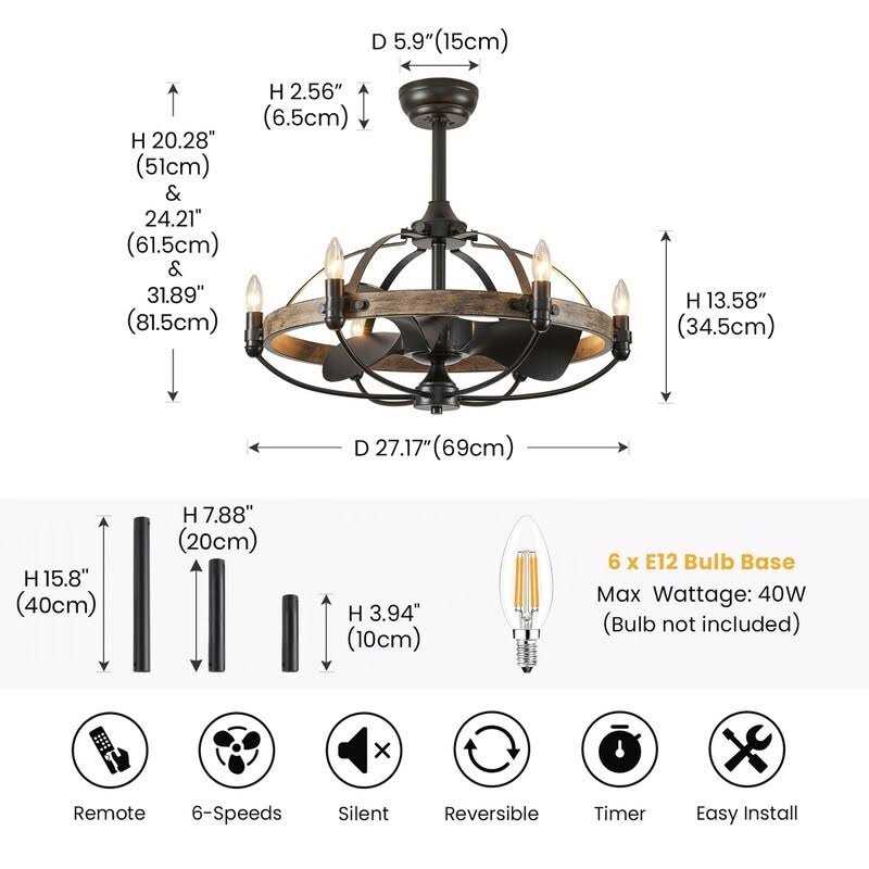 27-inch Modern Farmhouse Ceiling Fans 6-Light Wagon Wheel Chandelier Fan Caged Ceiling Fan with Light Remote Control