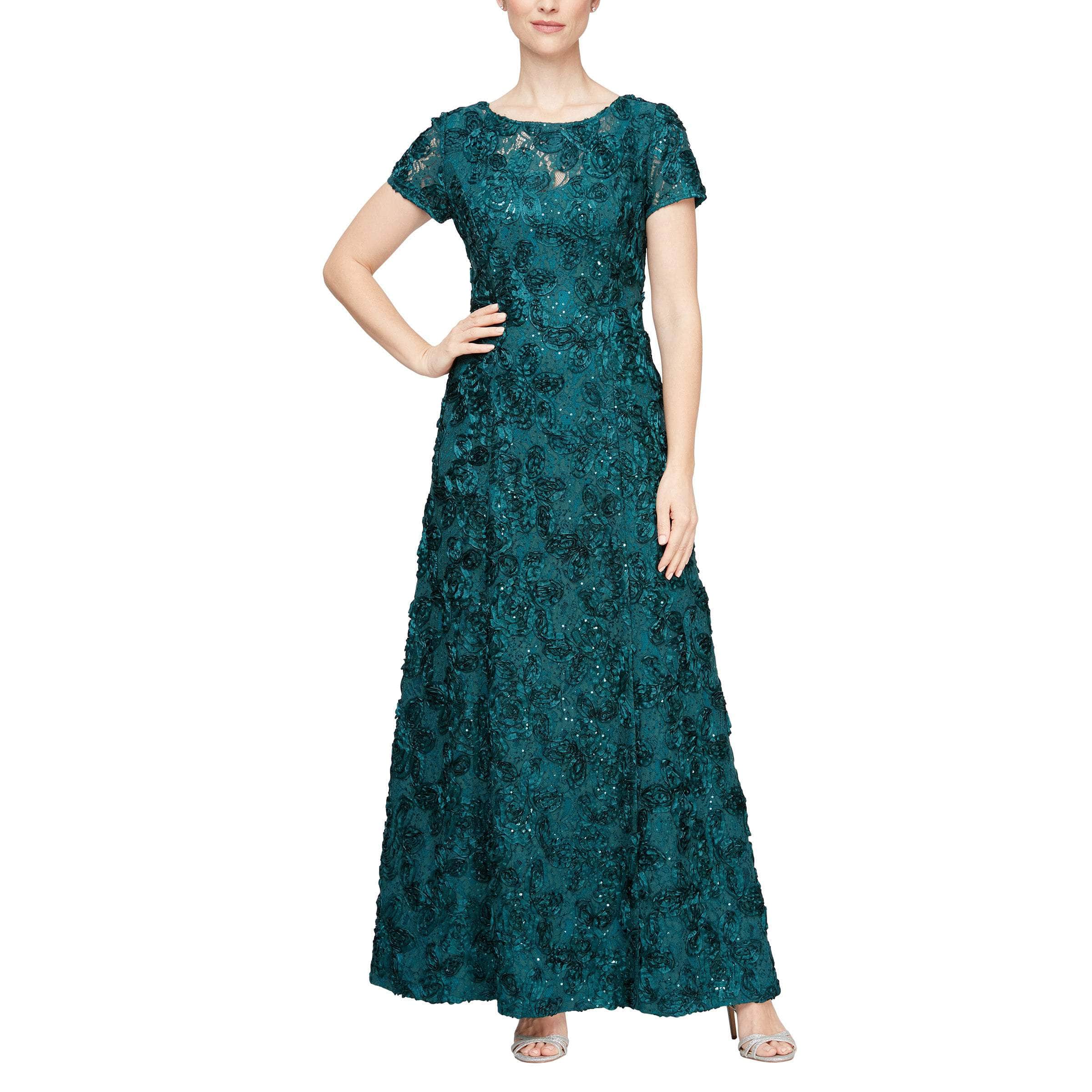 112788 Soutache Lace Sequin Short Sleeve A-Line Gown