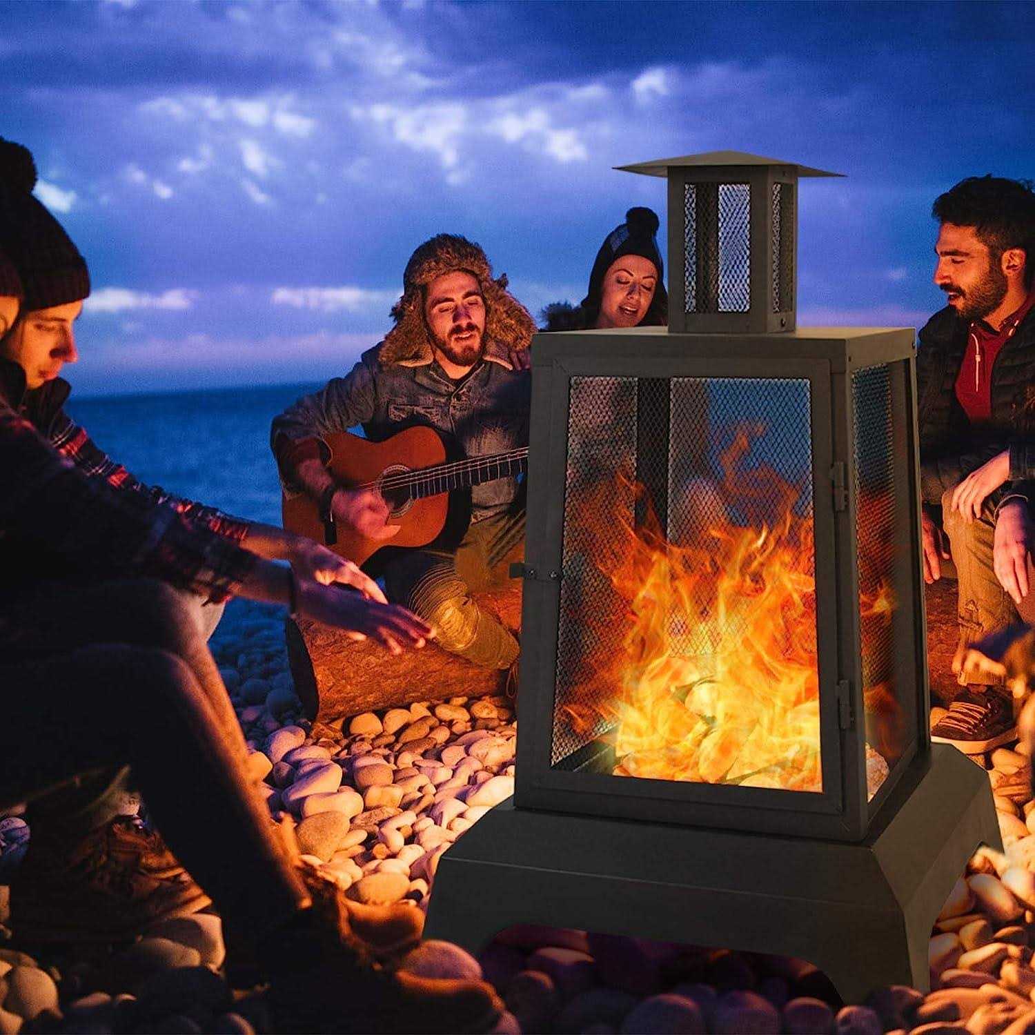 NSdirect Large Fire Pit Steel Wood Burning Outdoor Fireplace Tower 44 High Big Patio Firepits with Mesh Screen Cover