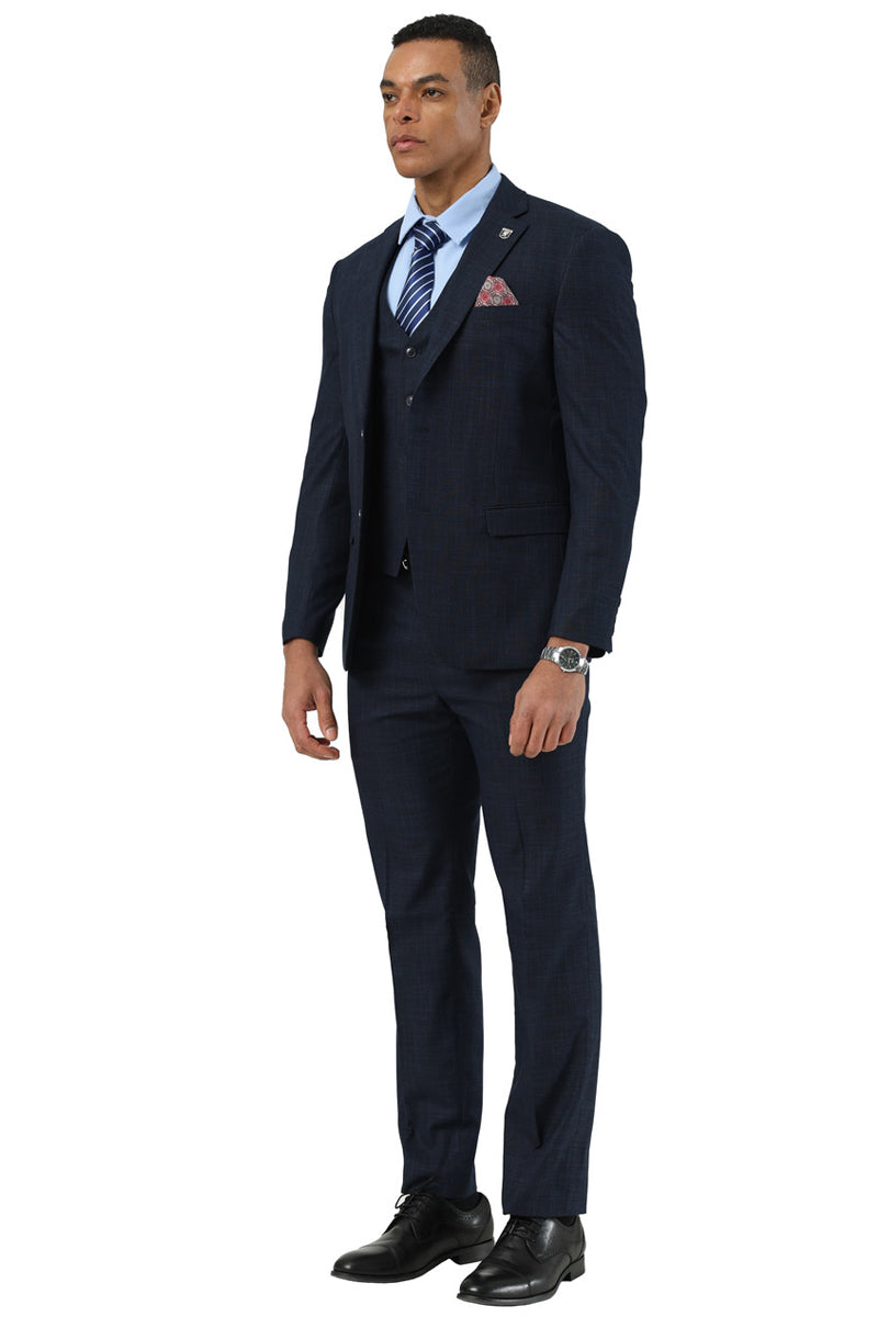Men’s Designer Stacy Adams Vested Suit in Navy Blue Sharkskin Weave