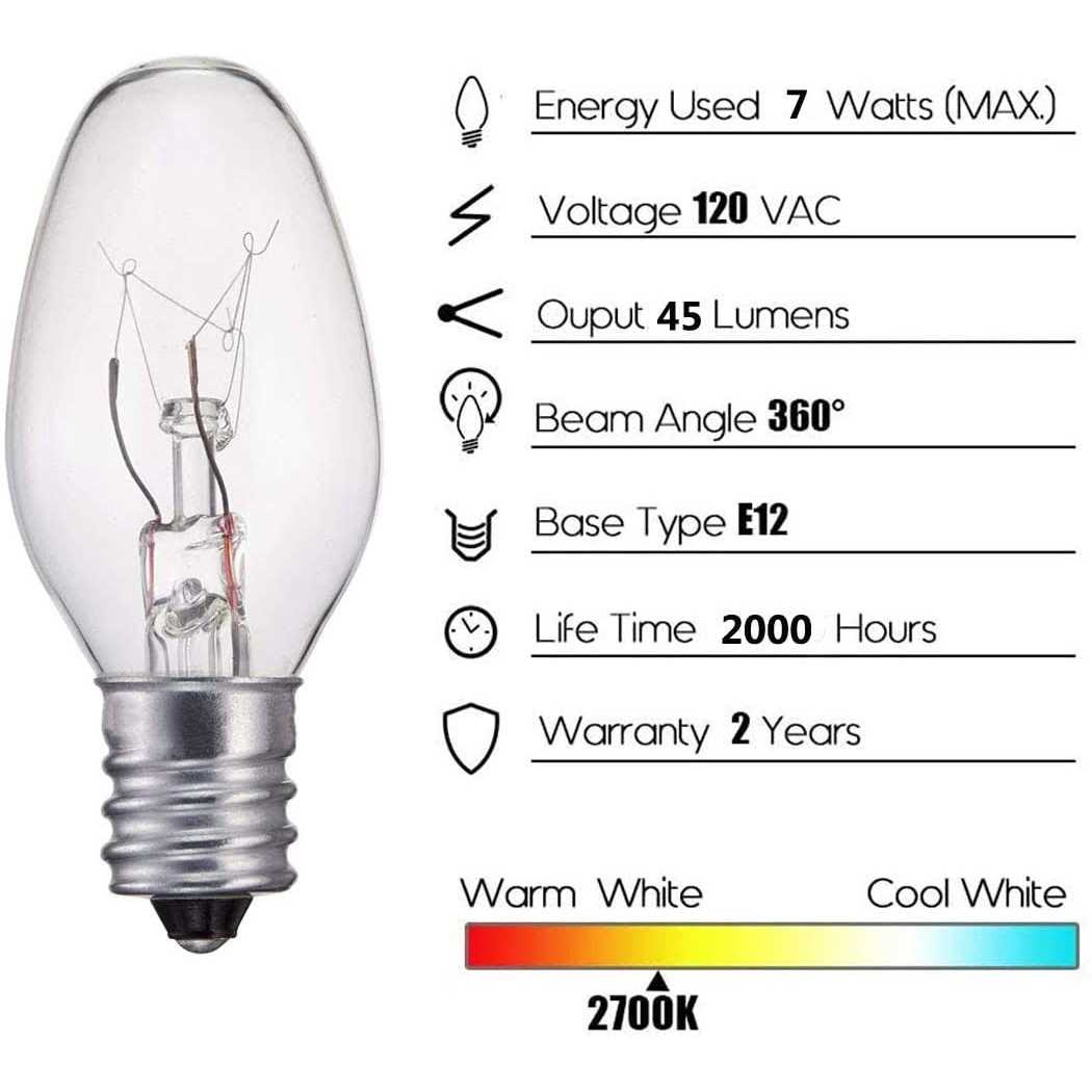WokHok 7 Watt Night Light Bulb and Salt Lamps Replacement Bulbs,C7/7 Watt/120 V/45 Lumen,E12 Candelabra Base Clear Glass Incandescent Bulbs,12 Pack