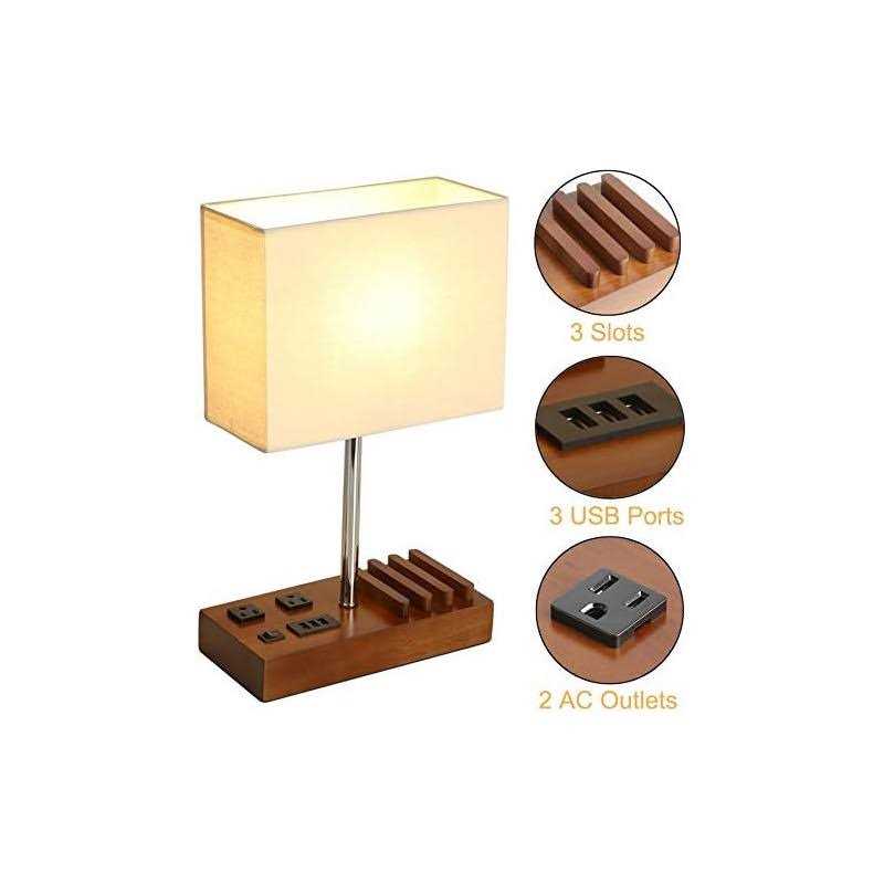 Briever USB Table Lamp, Multi-Functional Bedside Desk Lamp with 2 AC Outlets, 3 USB Charging Ports and Wooden Phone Stand Organizer