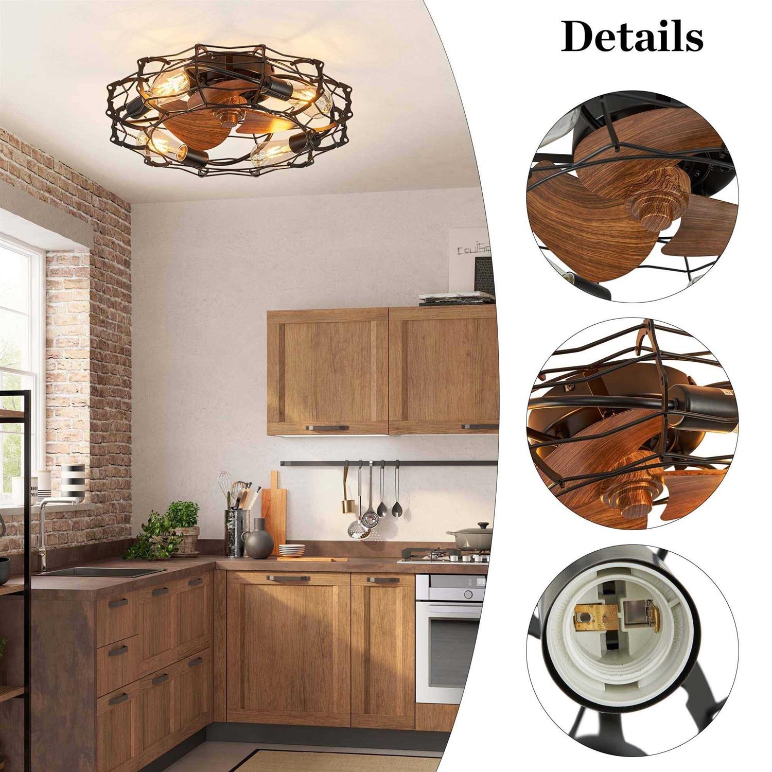 20 in. Flush Mount Ceiling Fan Light with Remote Cage Farmhouse Fandelier Black Wood Low Profile Ceiling Fan